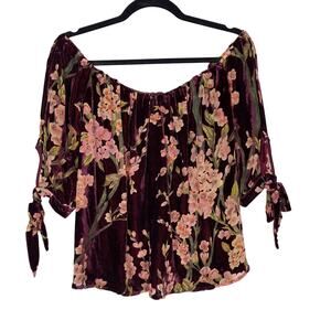 Francescas S Burgundy Red Floral Velvet Off The Shoulder Blouse Top Split Back